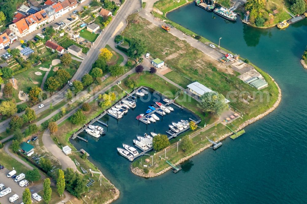 Breisach am Rhein from the bird's eye view: Pleasure boat marina with docks and moorings on the shore area of the Rhine river in Breisach am Rhein in the state Baden-Wurttemberg, Germany