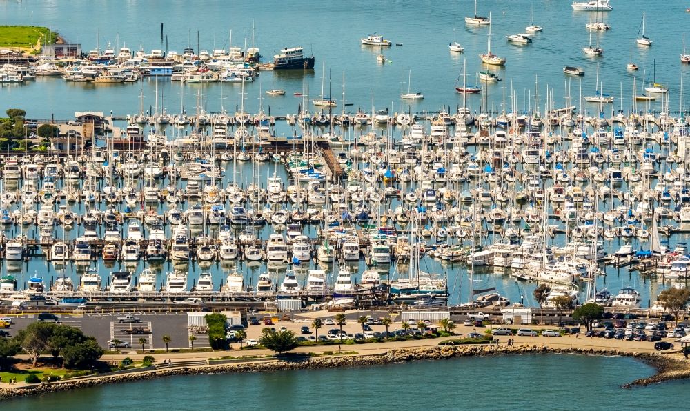 Sausalito from the bird's eye view: Pleasure boat marina with docks and moorings on the shore area Richardson Bay - Bridgeway in Sausalito California in USA