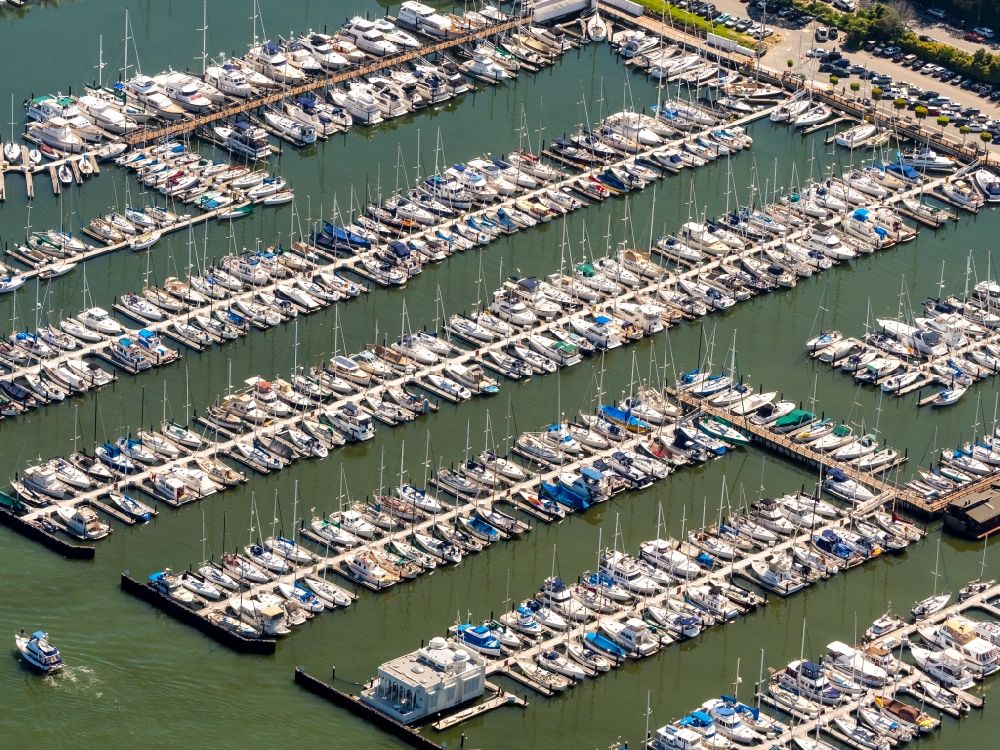 Sausalito from above - Pleasure boat marina with docks and moorings on the shore area Richardson Bay - Bridgeway in Sausalito California in USA