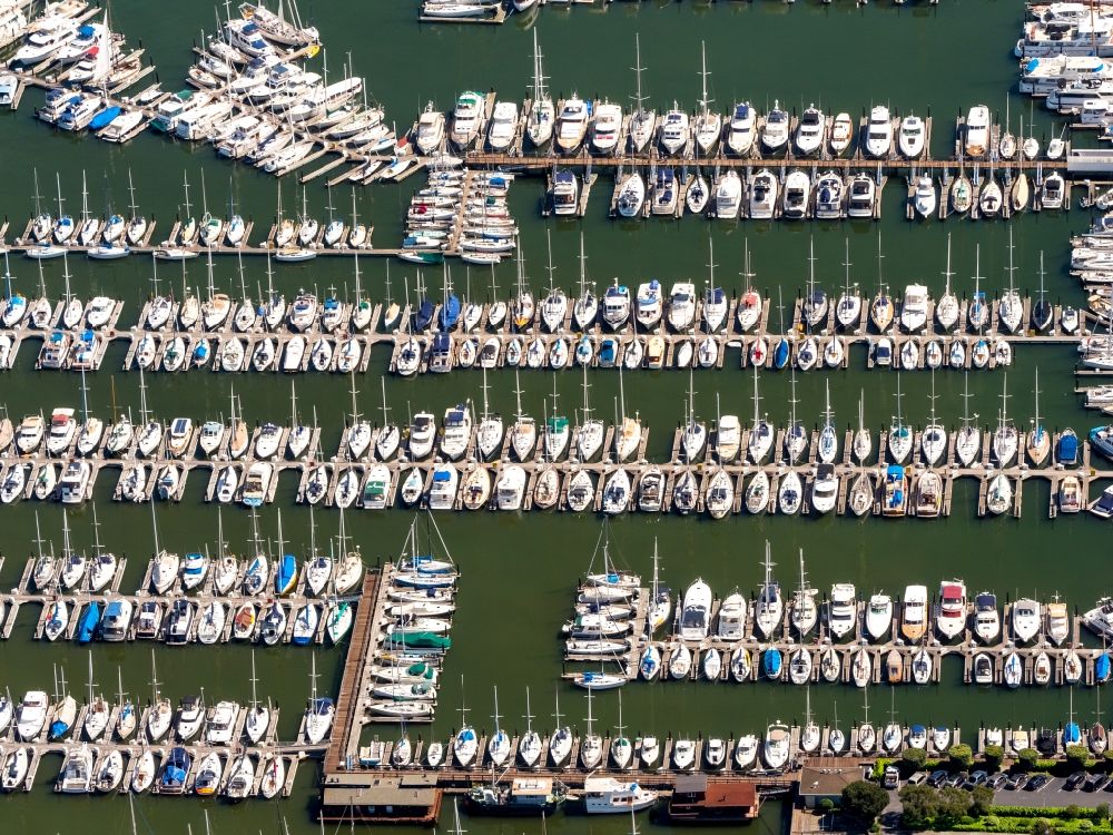 Aerial image Sausalito - Pleasure boat marina with docks and moorings on the shore area Richardson Bay - Bridgeway in Sausalito California in USA