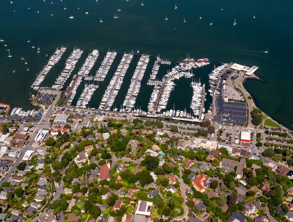 Aerial photograph Sausalito - Pleasure boat marina with docks and moorings on the shore area Richardson Bay - Bridgeway in Sausalito California in USA