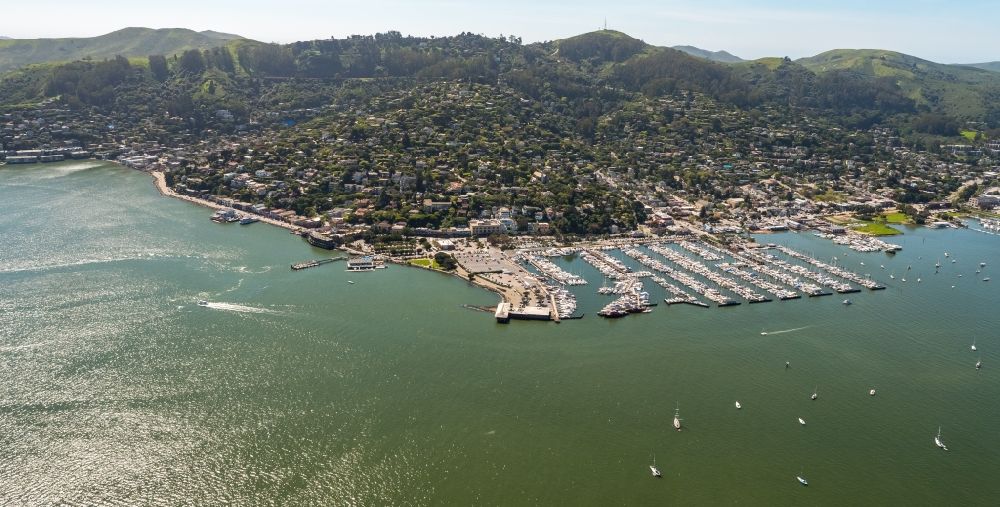 Sausalito from above - Pleasure boat marina with docks and moorings on the shore area Richardson Bay - Bridgeway in Sausalito California in USA