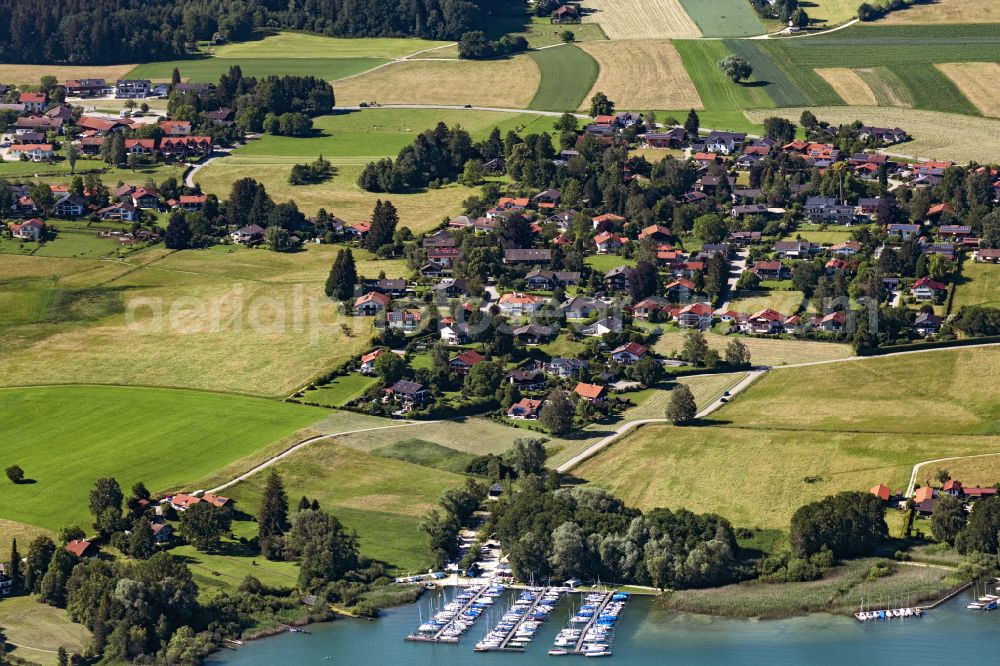 Breitbrunn am Chiemsee from above - Pleasure boat marina with docks and moorings on the shore area Sailing Club Breitbrunn-Chiemsee (SCBC) e.V. in Breitbrunn am Chiemsee in the state Bavaria, Germany