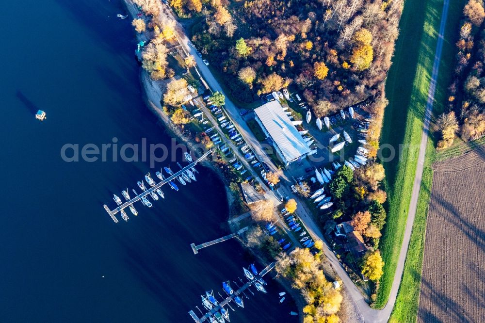 Wörth am Rhein from the bird's eye view: Pleasure boat marina with docks and moorings on the shore area of Segelclub RKC Woerth e.V. in Woerth am Rhein in the state Rhineland-Palatinate, Germany