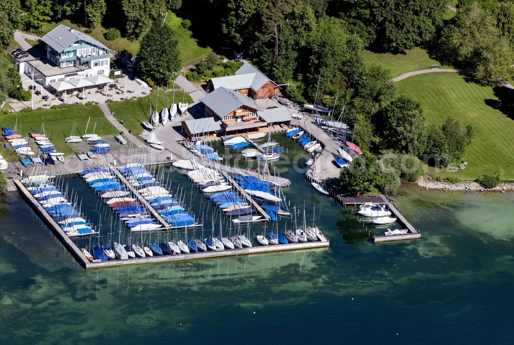 Starnberg from above - Pleasure boat marina with docks and moorings on the shore area of Starnberger See in Starnberg in the state Bavaria, Germany
