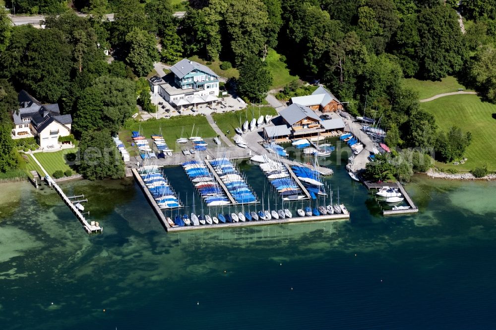 Starnberg from the bird's eye view: Pleasure boat marina with docks and moorings on the shore area of Starnberger See in Starnberg in the state Bavaria, Germany