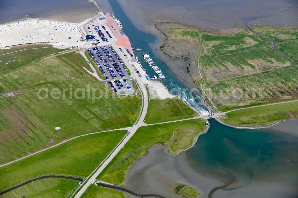 Aerial photograph Dornum - Pleasure boat marina with docks and moorings on the Noth Sea Coast- shore area Wichter Ee on Dornum in the state Lower Saxony