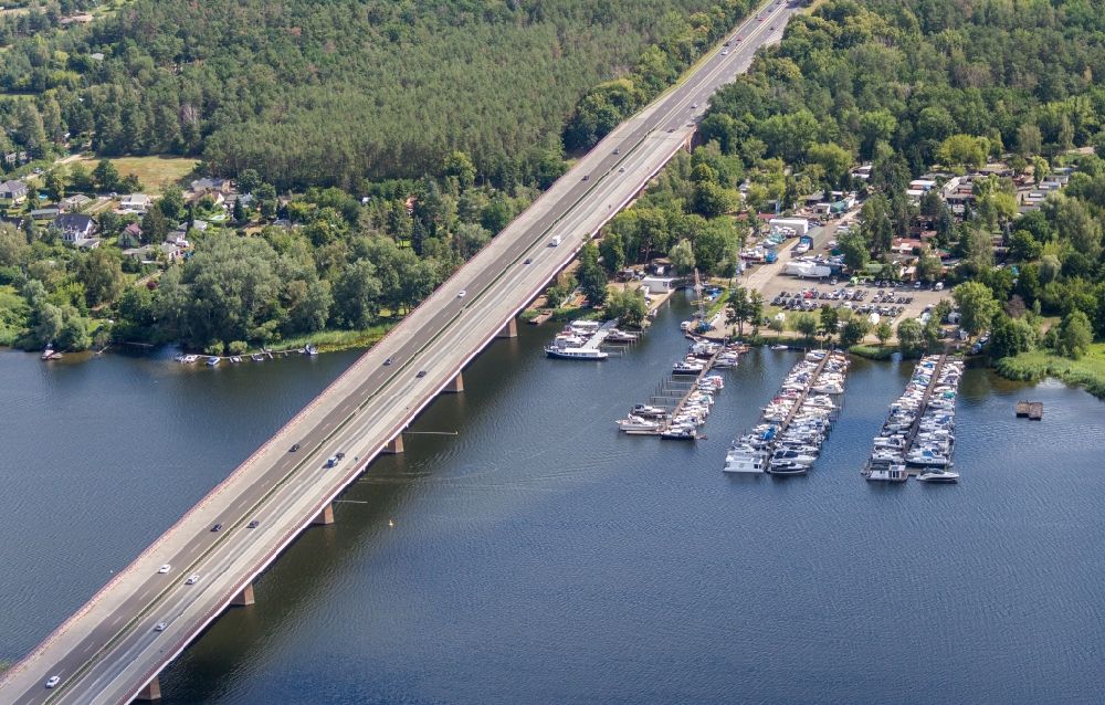 Werder (Havel) from above - Pleasure boat marina with docks and moorings on the shore area Yachthafen Ringel in Werder (Havel) in the state Brandenburg, Germany