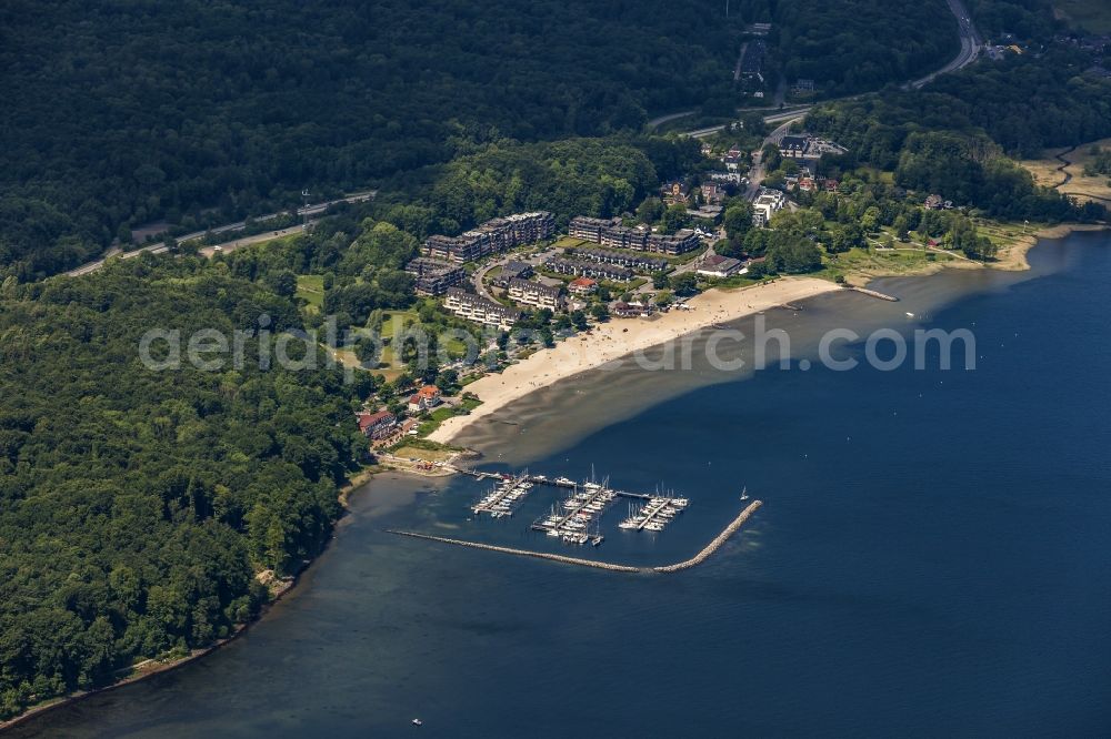 Harrislee from the bird's eye view: Pleasure boat marina with docks and moorings on the shore area of Flensburger Foerde in Harrislee in the state Schleswig-Holstein, Germany