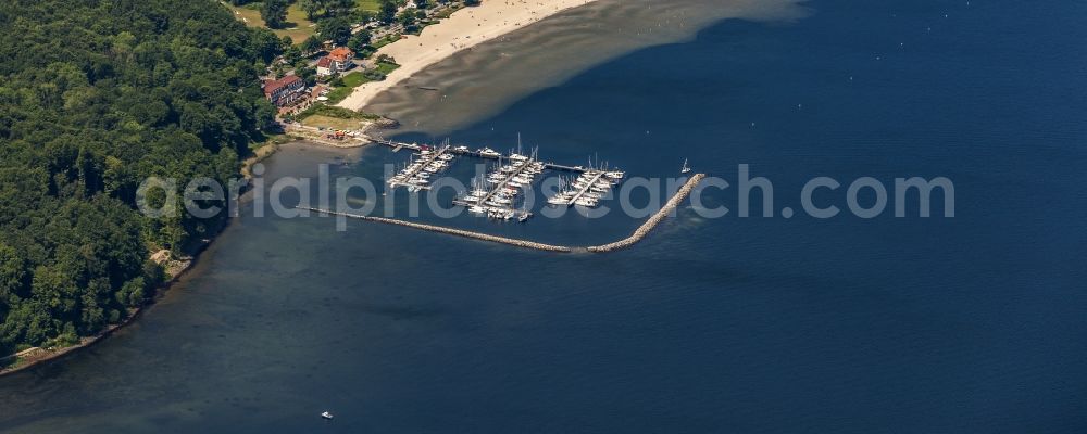 Aerial image Harrislee - Pleasure boat marina with docks and moorings on the shore area of Flensburger Foerde in Harrislee in the state Schleswig-Holstein, Germany