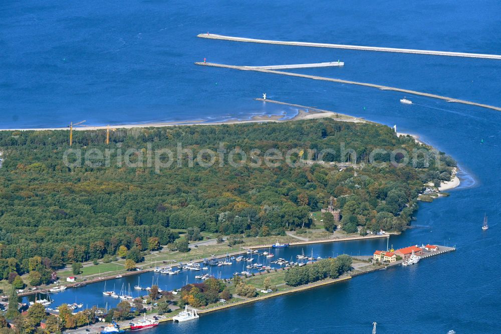 Aerial image Swinemünde - Pleasure boat marina with docks and moorings on the shore area of Baltic Sea in Swinemuende in West Pomeranian, Poland