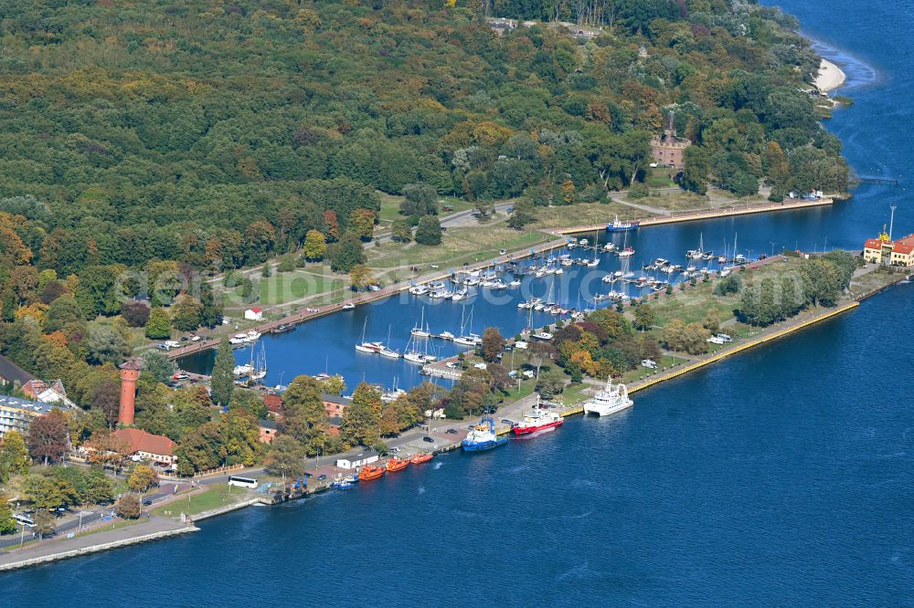 Swinemünde from above - Pleasure boat marina with docks and moorings on the shore area of Baltic Sea in Swinemuende in West Pomeranian, Poland
