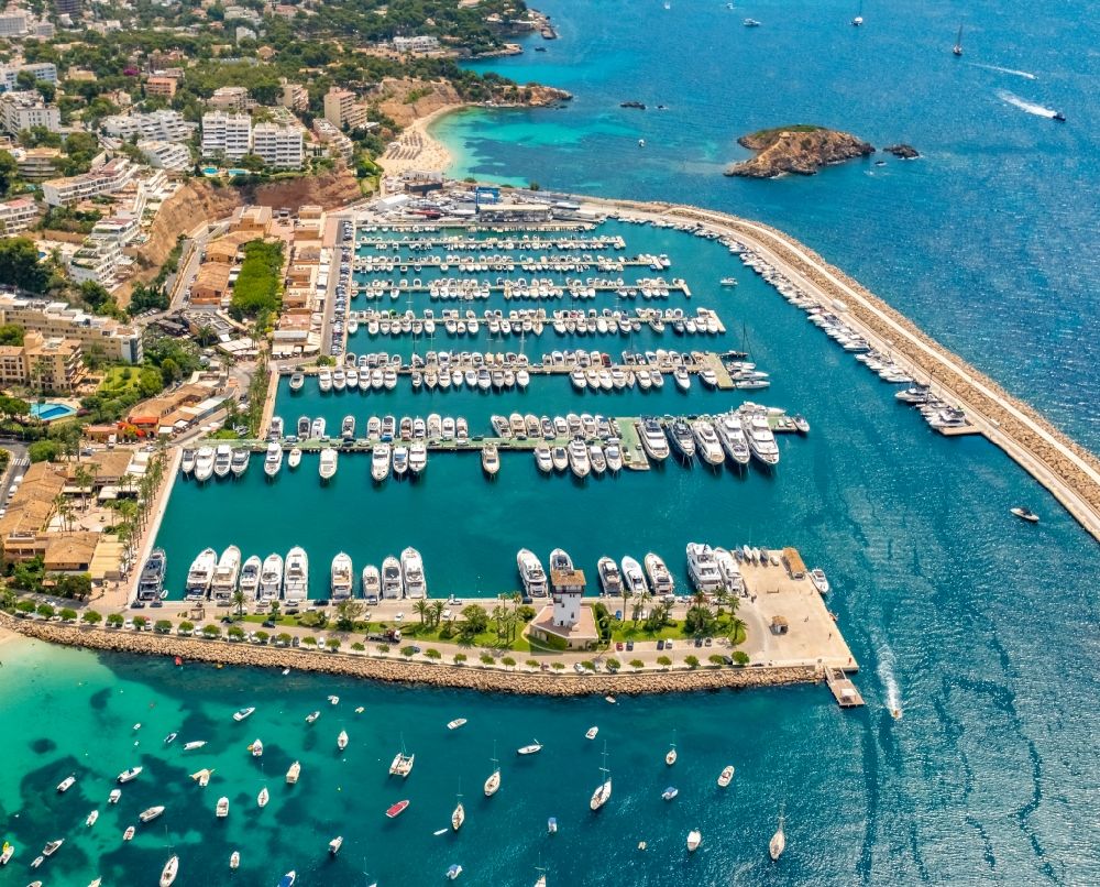 Portals Nous from the bird's eye view: Pleasure boat marina with docks and moorings on the shore area Puerto Portals in Portals Nous in Balearic island of Mallorca, Spain