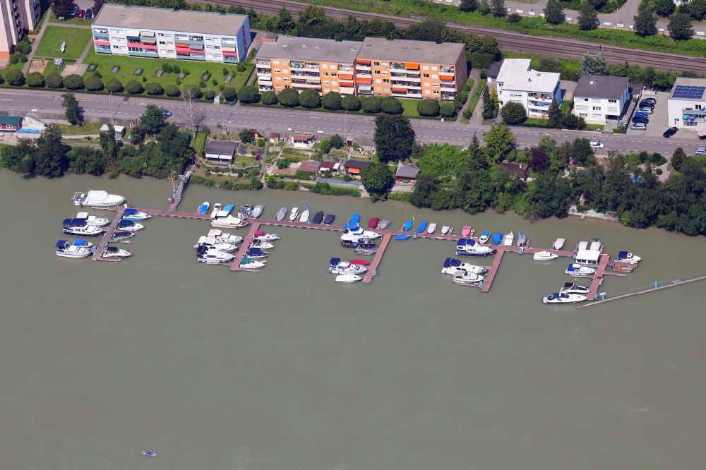 Grenzach-Wyhlen from above - Pleasure boat marina with docks and moorings on the shore of Rhine river in the district Grenzach in Grenzach-Wyhlen in the state Baden-Wuerttemberg, Germany