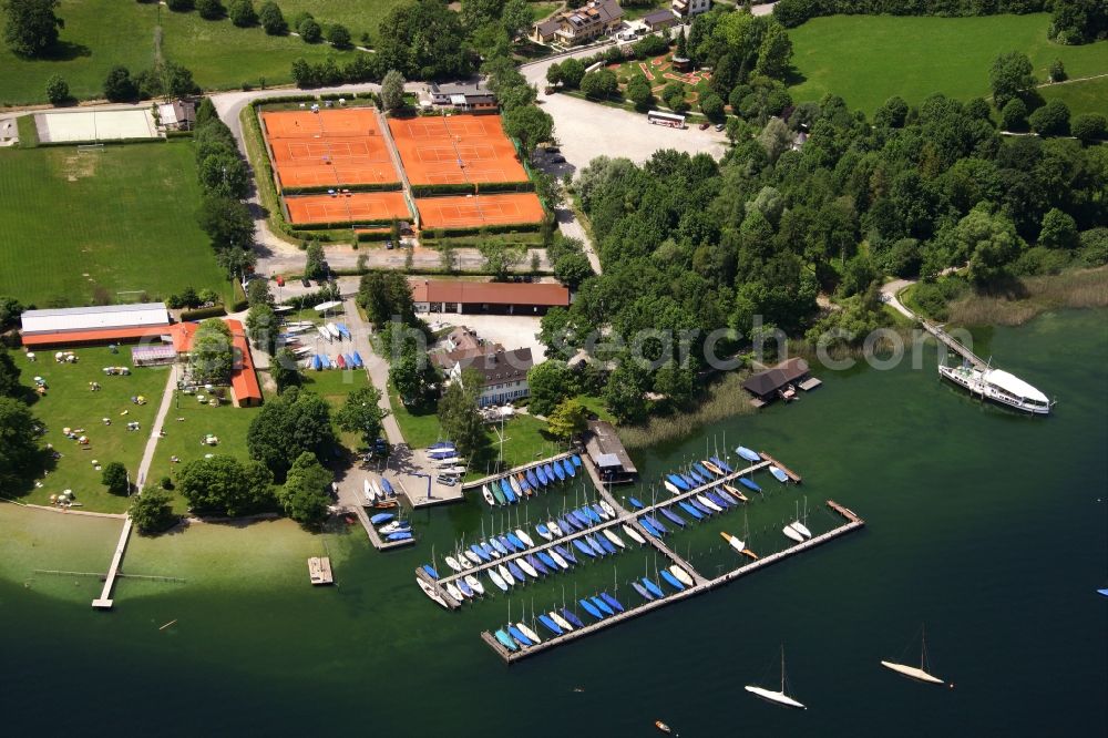 Aerial image Tutzing - Pleasure boat marina with docks and moorings on the shore area of Starnberger See in the district Unterzeismering in Tutzing in the state Bavaria, Germany