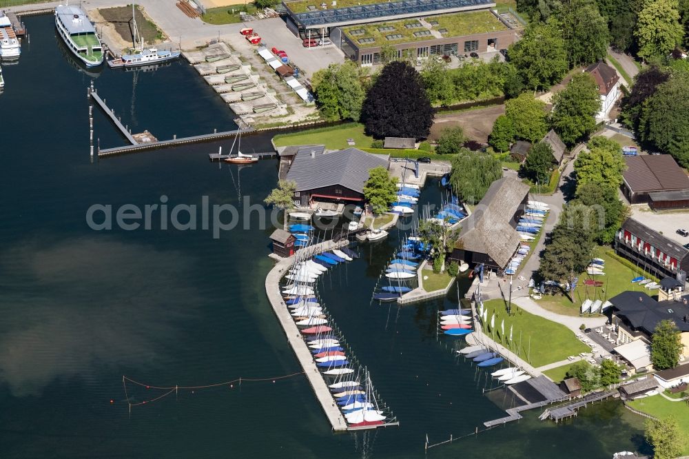 Starnberg from above - Pleasure boat marina with docks and moorings on the shore area of Starnberger See in the district Percha in Starnberg in the state Bavaria, Germany