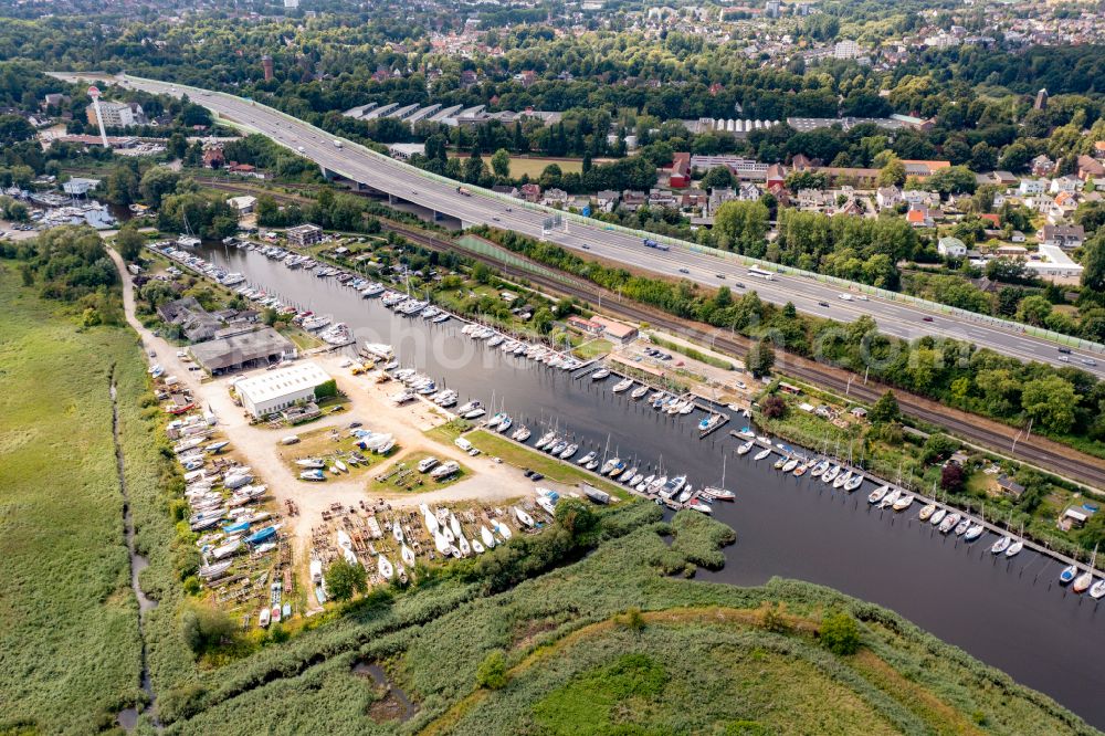 Aerial image Bad Schwartau - Pleasure boat marina with docks and moorings on the shore area of Trave in Bad Schwartau in the state Schleswig-Holstein, Germany