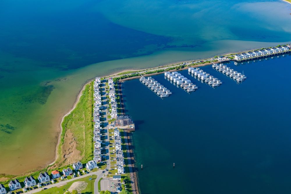 Kappeln from above - Pleasure boat marina with docks and moorings on the shore area Ostsee in Kappeln in the state Schleswig-Holstein, Germany