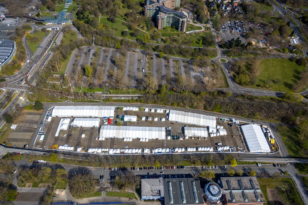 Aerial image Dortmund - Tent construction and assembly Festi Ramazan on street Remydamm in Dortmund at Ruhrgebiet in the state North Rhine-Westphalia, Germany