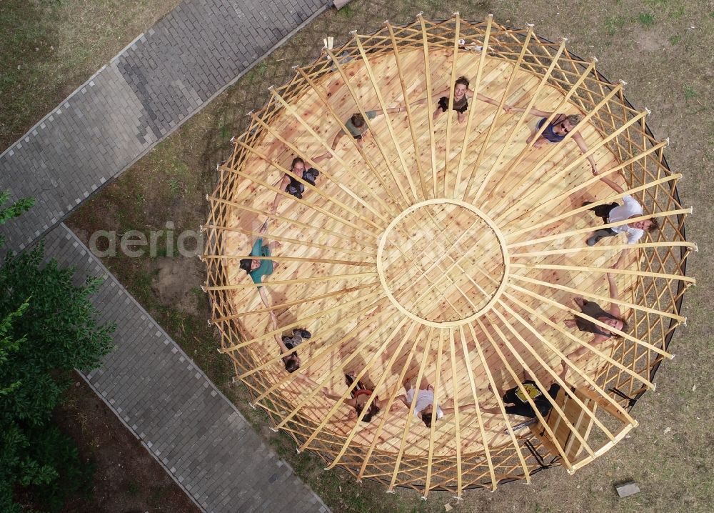 Eberswalde from the bird's eye view: Tent construction and assembly a traditional yurt in Eberswalde in the state Brandenburg, Germany