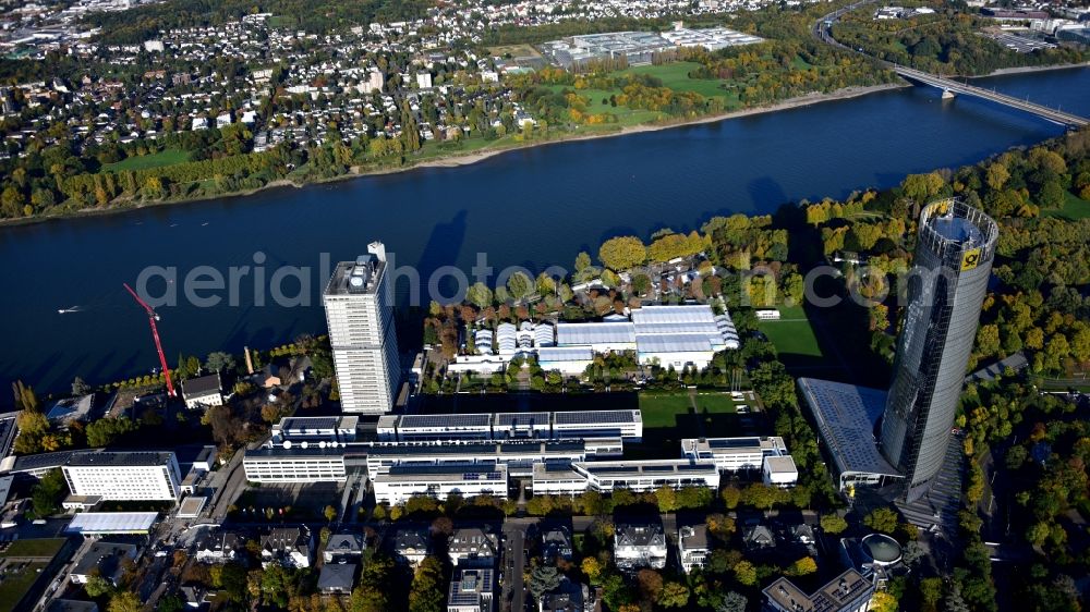 Aerial photograph Bonn - Tent construction and assembly at the venue UN- Climate Conference in the area of the UN Campus in Bonn in the state North Rhine-Westphalia, Germany.On the left the skyscraper Langer Eugen, including the buildings of the Deutsche Welle, on the right the post tower. In the background the Rhine