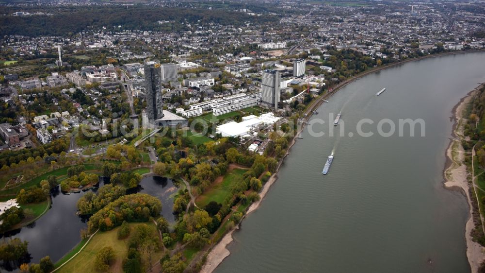 Aerial photograph Bonn - Tent construction and assembly at the venue UN- Climate Conference in the area of the Rheinaue in Bonn in the state North Rhine-Westphalia, Germany