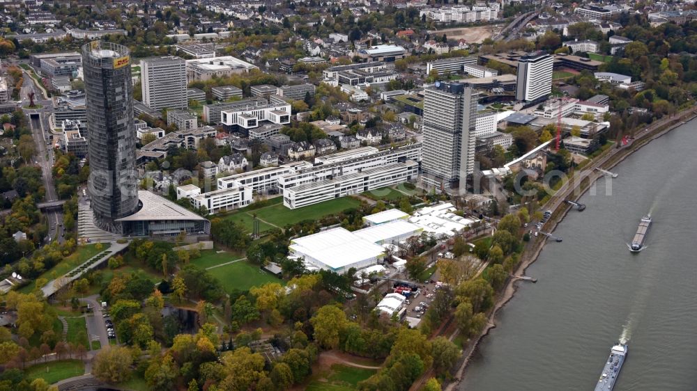 Bonn from above - Tent construction and assembly at the venue UN- Climate Conference in the area of the Rheinaue in Bonn in the state North Rhine-Westphalia, Germany