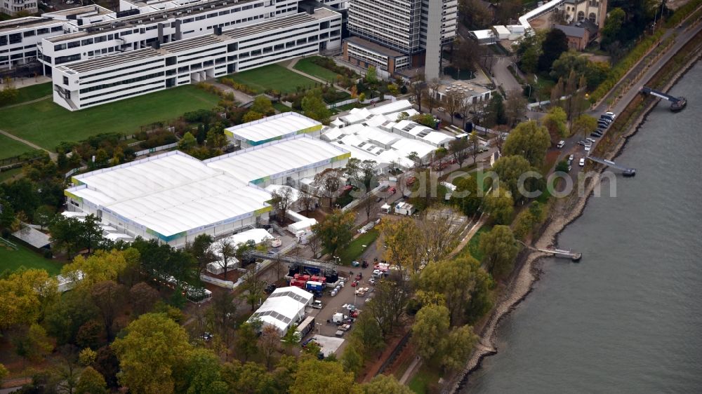 Bonn from the bird's eye view: Tent construction and assembly at the venue UN- Climate Conference in the area of the Rheinaue in Bonn in the state North Rhine-Westphalia, Germany
