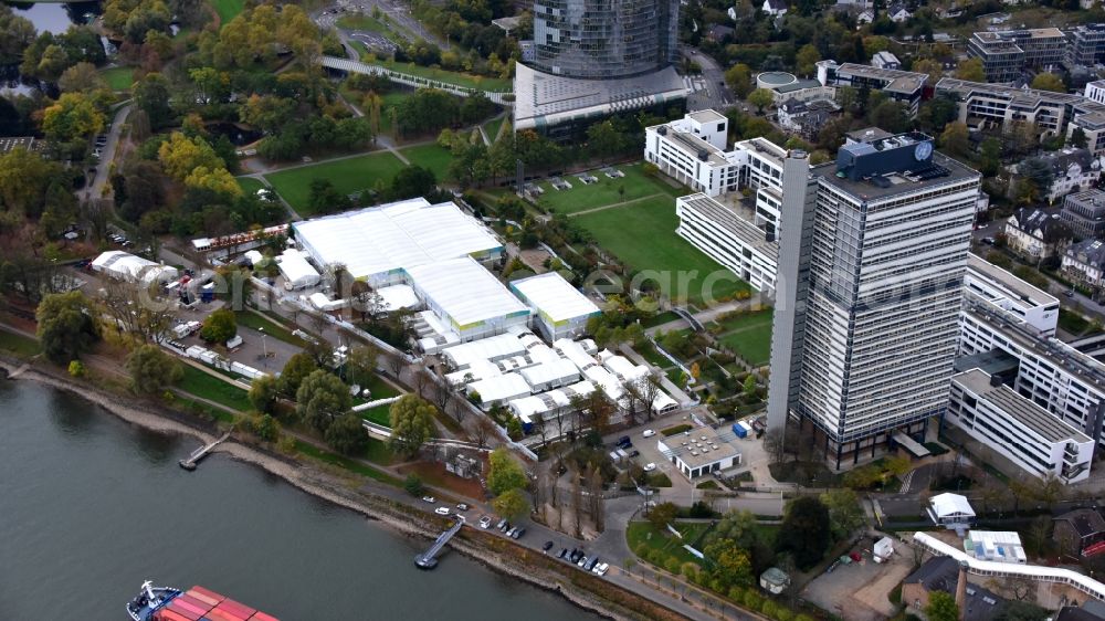 Bonn from the bird's eye view: Tent construction and assembly at the venue UN- Climate Conference in the area of the Rheinaue in Bonn in the state North Rhine-Westphalia, Germany