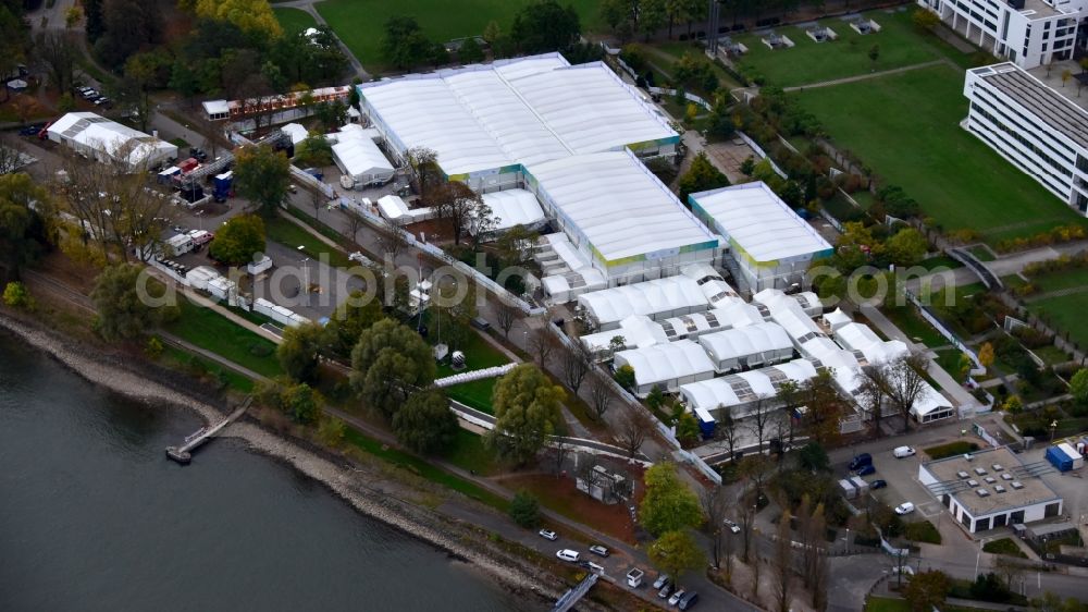 Aerial image Bonn - Tent construction and assembly at the venue UN- Climate Conference in the area of the Rheinaue in Bonn in the state North Rhine-Westphalia, Germany
