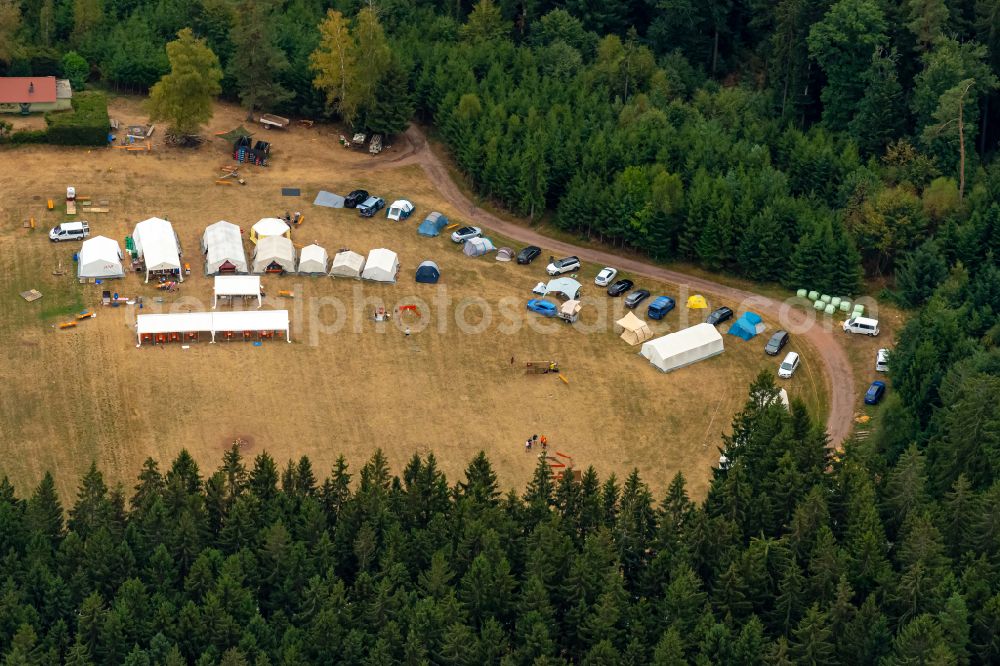 Aerial image Biederbach - Formation of pitched tents on a campsitein a forest clearing in Biederbach in the state Baden-Wuerttemberg, Germany