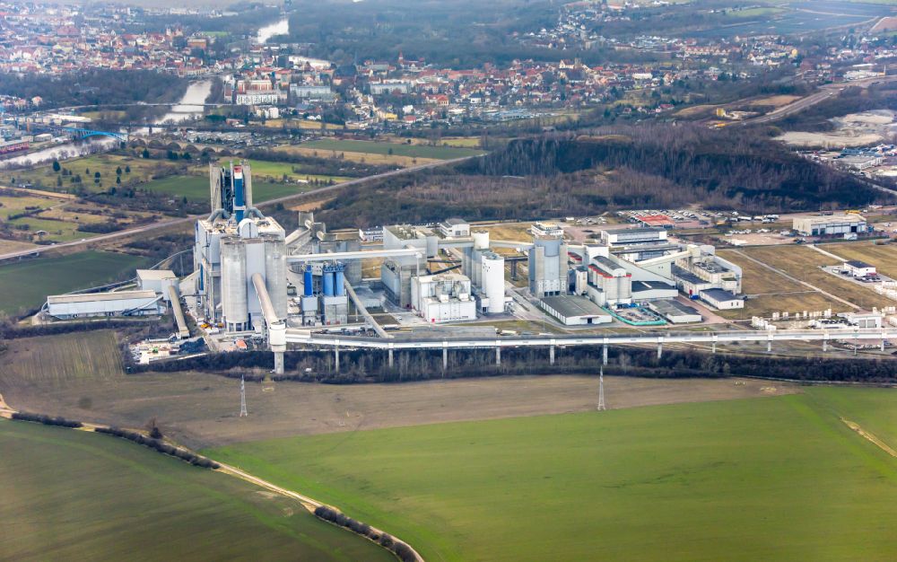 Aerial image Bernburg (Saale) - Site and Terrain of overburden surfaces Cement opencast mining Schwenk in Bernburg (Saale) in the state Saxony-Anhalt, Germany