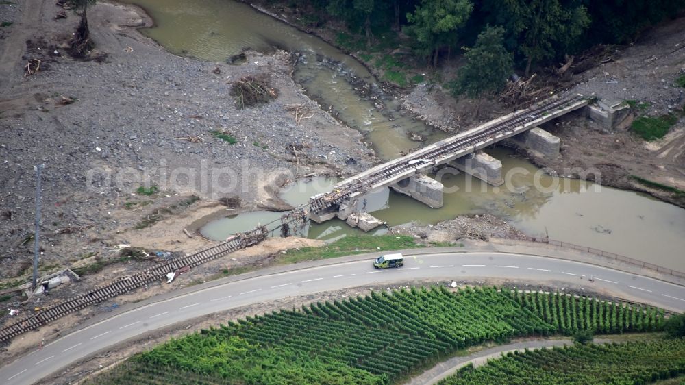 Bad Neuenahr-Ahrweiler from above - Destroyed bridge after the flood disaster in the Ahr valley this year east of Marienthal (Ahr) after the flood disaster in the Ahr valley this year in the state Rhineland-Palatinate, Germany