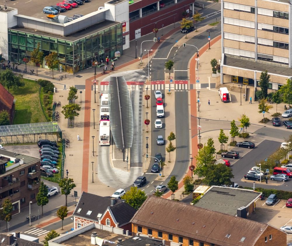 Werne from above - Central Bus Station for Public Transportation at Konrad-Adenauer-Platz in Werne in the state North Rhine-Westphalia, Germany