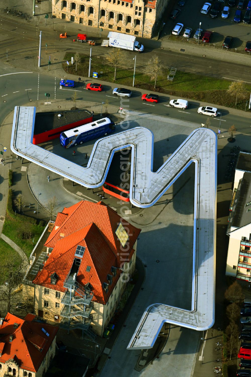 Aerial image Jena - Central Bus Station for Public Transportation on street Grietgasse - Knebelstrasse in Jena in the state Thuringia, Germany