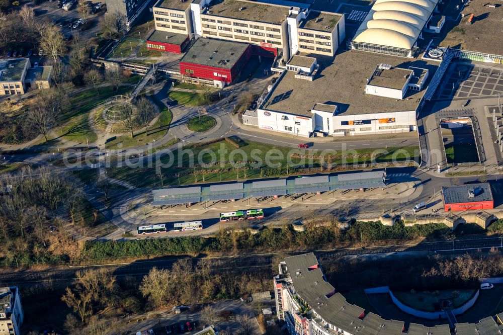 Aerial photograph Marl - Central Bus Station for Public Transportation on street Merkurstrasse in Marl at Ruhrgebiet in the state North Rhine-Westphalia, Germany