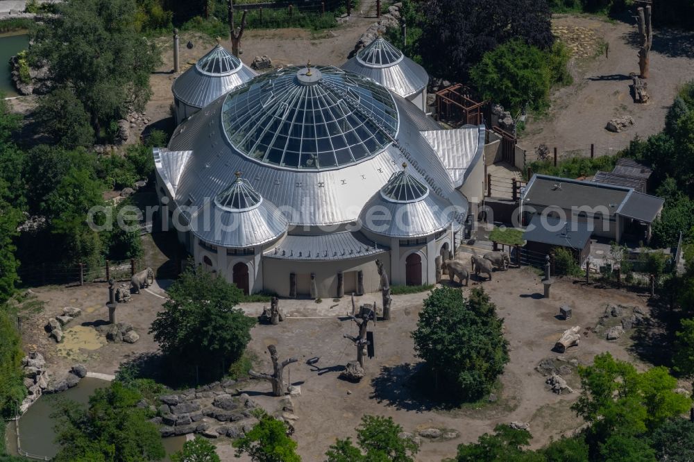 München from above - Zoo area at the zoo Hellabrunn - Elephant House - in the district Untergiesing-Harlaching in Munich in the state Bavaria, Germany