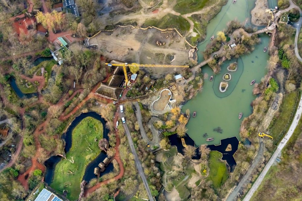 Gelsenkirchen from the bird's eye view: Zoo grounds ZOOM Erlebniswelt Zoo on Bleckstrasse with construction sites for the penguin enclosure in Gelsenkirchen in the state North Rhine-Westphalia, Germany