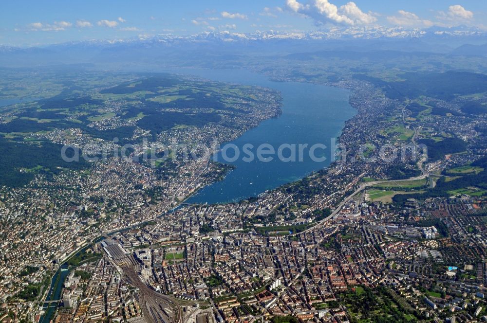 Aerial image Zürich - Cityscape of Zurich at the Lake Zurich in the Switzerland. Zurich is watered by the Limmat, an outflow of the Lake Zurich