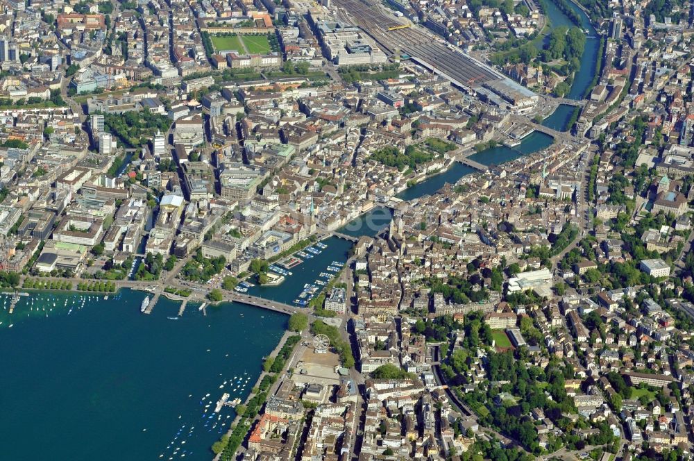 Zürich from above - Cityscape of Zurich at the Lake Zurich in the Switzerland. Zurich is watered by the Limmat, an outflow of the Lake Zurich