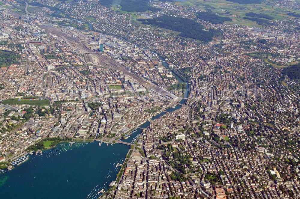 Zürich from the bird's eye view: Cityscape of Zurich at the Lake Zurich in the Switzerland. Zurich is watered by the Limmat, an outflow of the Lake Zurich