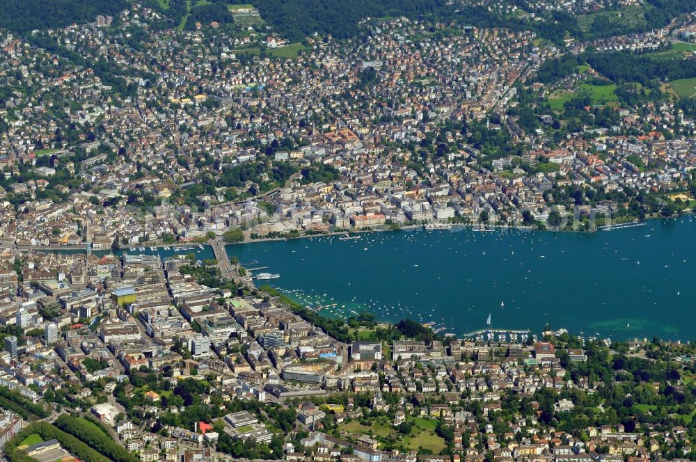 Aerial photograph Zürich - Cityscape of Zurich at the Lake Zurich in the Switzerland. Zurich is watered by the Limmat, an outflow of the Lake Zurich