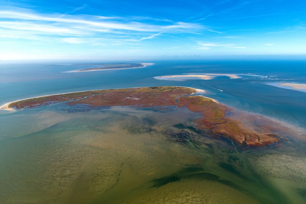 Aerial image Juist - Curved loops of several converging rivers flowing into the Wadden Sea on the green environmentally protected North Sea island Memmert in Juist and the sandbank Kachelotplate in the state Lower Saxony