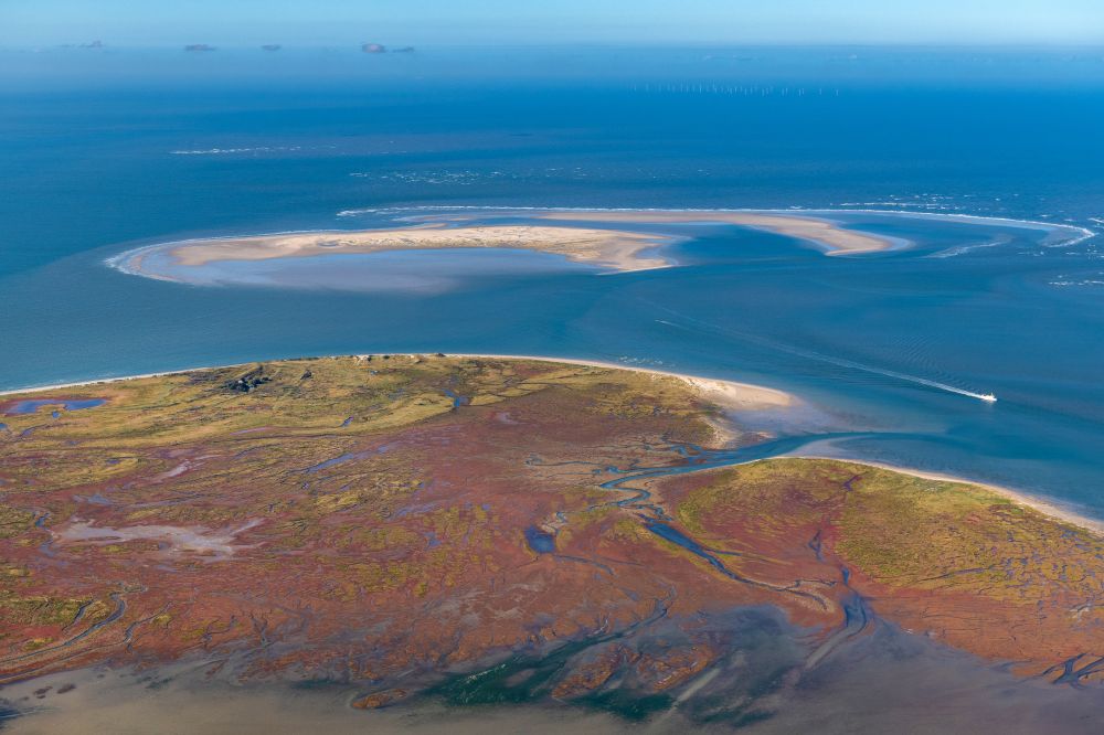 Aerial photograph Juist - Curved loops of several converging rivers flowing into the Wadden Sea on the green environmentally protected North Sea island Memmert in Juist and the sandbank Kachelotplate in the state Lower Saxony