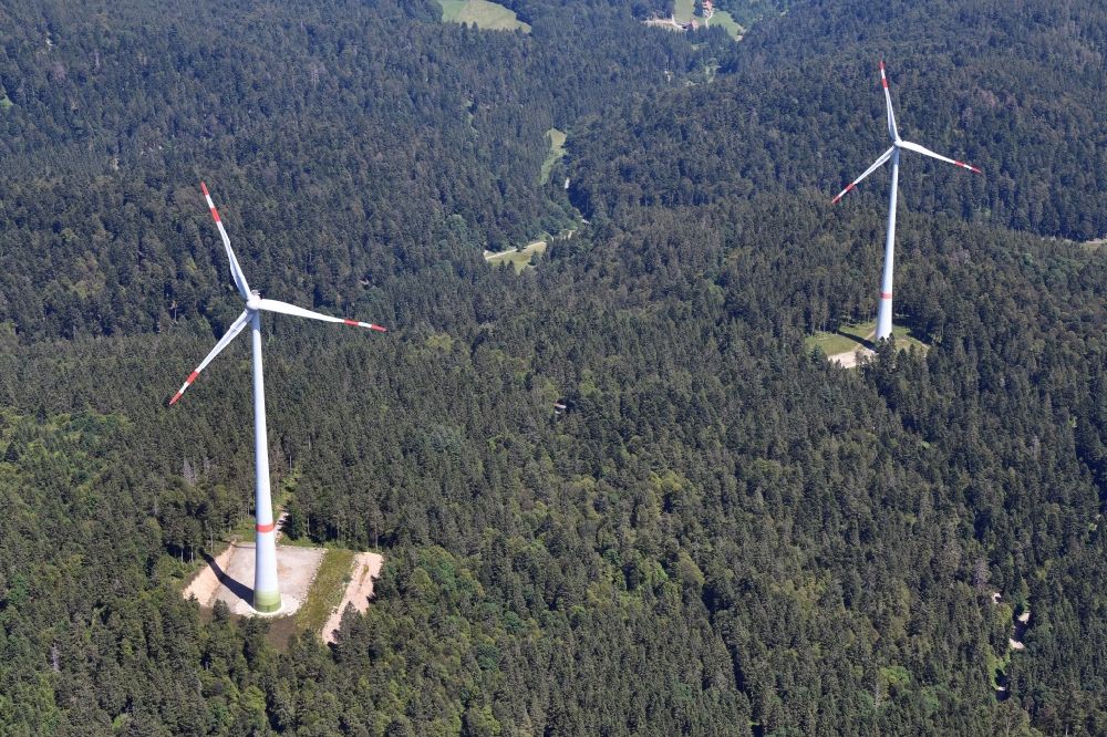 Schopfheim from the bird's eye view: Two wind turbines on the Rohrenkopf, the local mountain of Gersbach, a district of Schopfheim in Baden-Wuerttemberg. It was the first wind farm in the south of the Black Forest