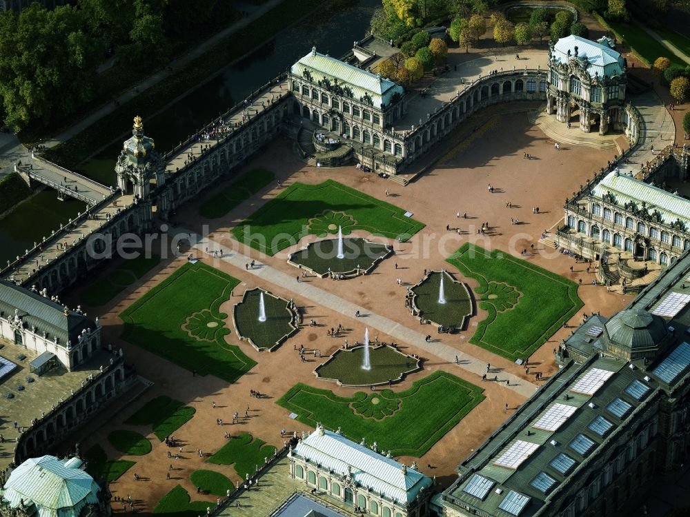 Dresden from above - Zwinger in Dresden in the district Innere Altstadt in the state of Saxony. It is a work of art, sculpture, painting and architecture, which was built and designed by the architect Matthaeus Daniel Poeppelmann and the sculptor Balthasar Permoser
