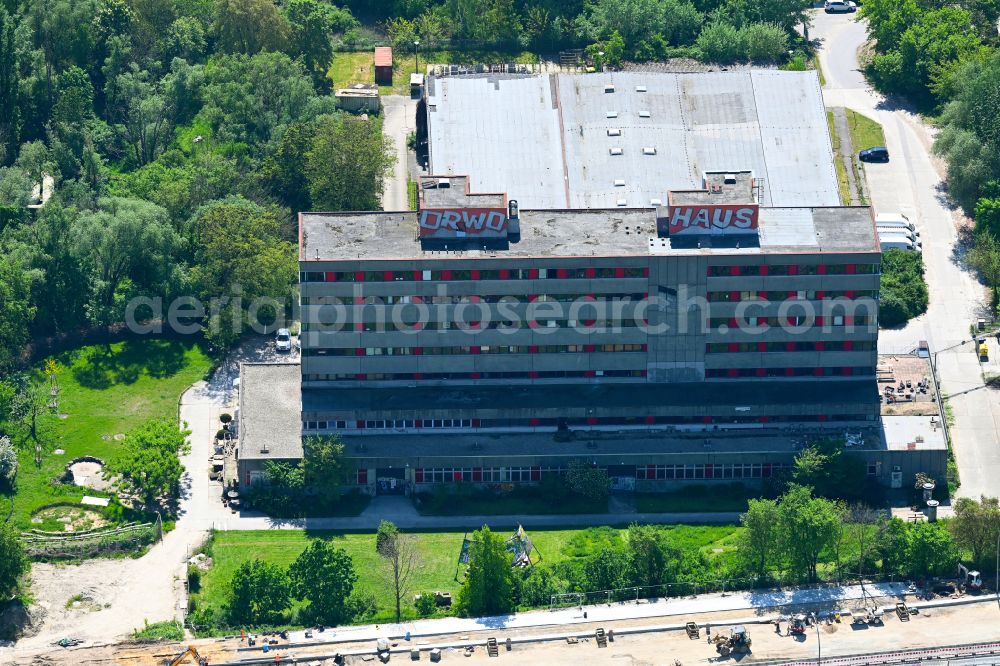 Aerial image Berlin - New and interim use of the former office building of the administration and commercial building ORWOhaus on street Frank-Zappa-Strasse in the district Marzahn in Berlin, Germany