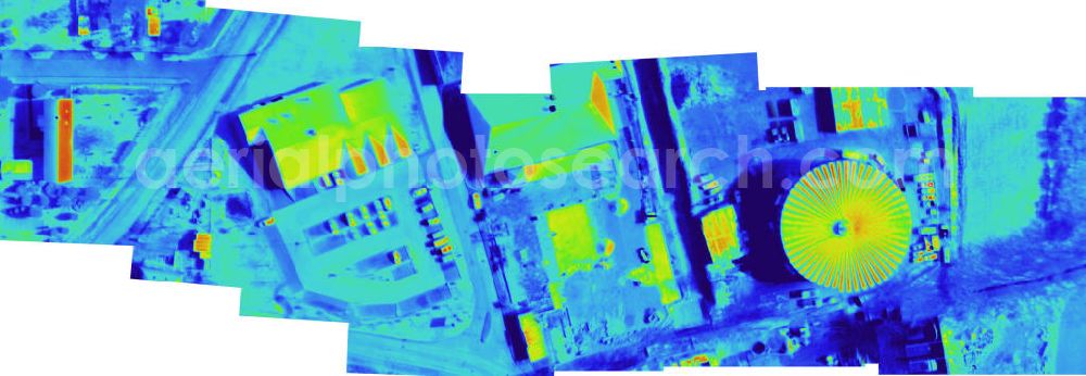 Infrared aerial photograph BENNSTEDT - Infrarotaufnahme als Senkrechtluftbild vom Gelände eines Futtersilos bei Bennstedt. Aufgenommen wurden diese auf 1/10 tel Grad genauen Wärmeluftaufnahmen mit einem Luftbild-Infrarotkamerasystem der Firma JENOPTIK. Jena Optronik GmbH,