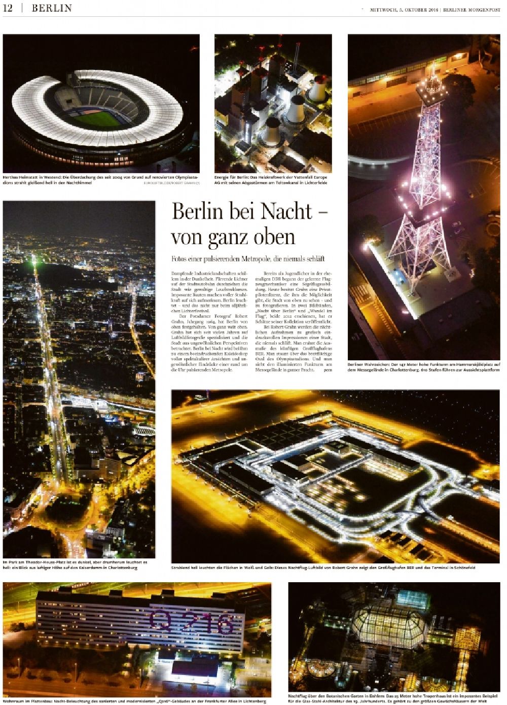 Berlin at night from the bird perspective: Picture Section / media use of aerial use in the Newspaper - daily paper Berlin, Potsdam und Schoenefeld by Night view special page BERLINER MORGENPOST Site 12, added to in Berlin