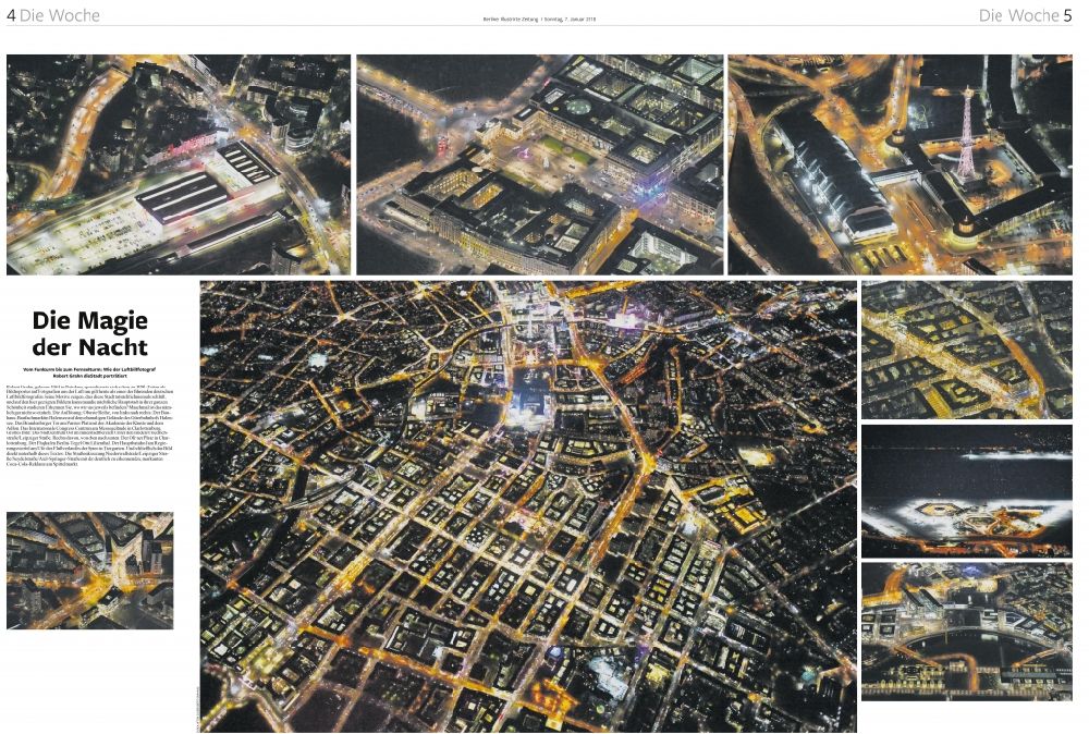 Aerial photograph at night Berlin - Picture Section / media use of aerial use in the Newspaper - daily paper Berliner Morgenpost - Page 4 and 5 night aerials City Center in Berlin, Germany